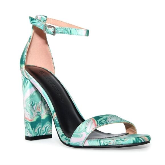 Charlotte Russe Aqua teal swirl satin strappy ankle block sandal heels womens 7 - Picture 1 of 6